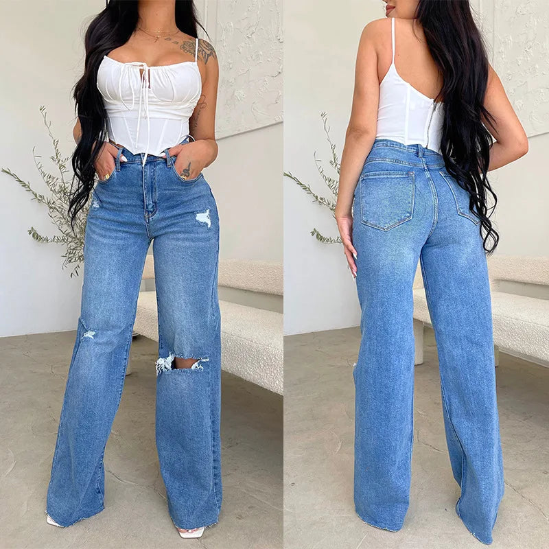 Wide Leg Denim Holes Pocket Jeans