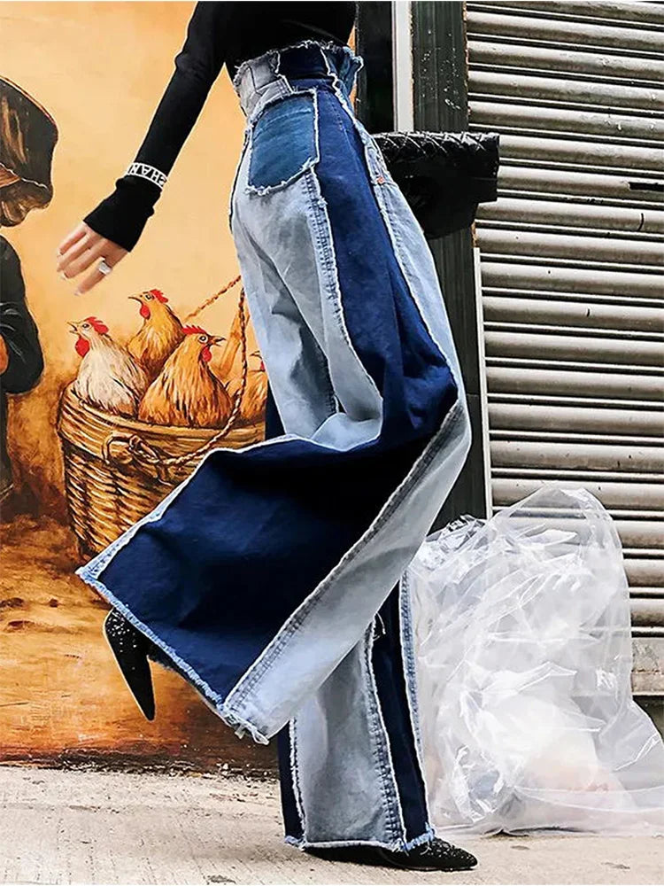 Two-Tone Streetwear Wide Leg Jeans-Vintage Patch Denim