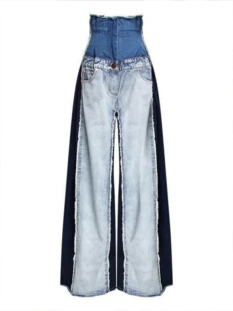 Two-Tone Streetwear Wide Leg Jeans-Vintage Patch Denim