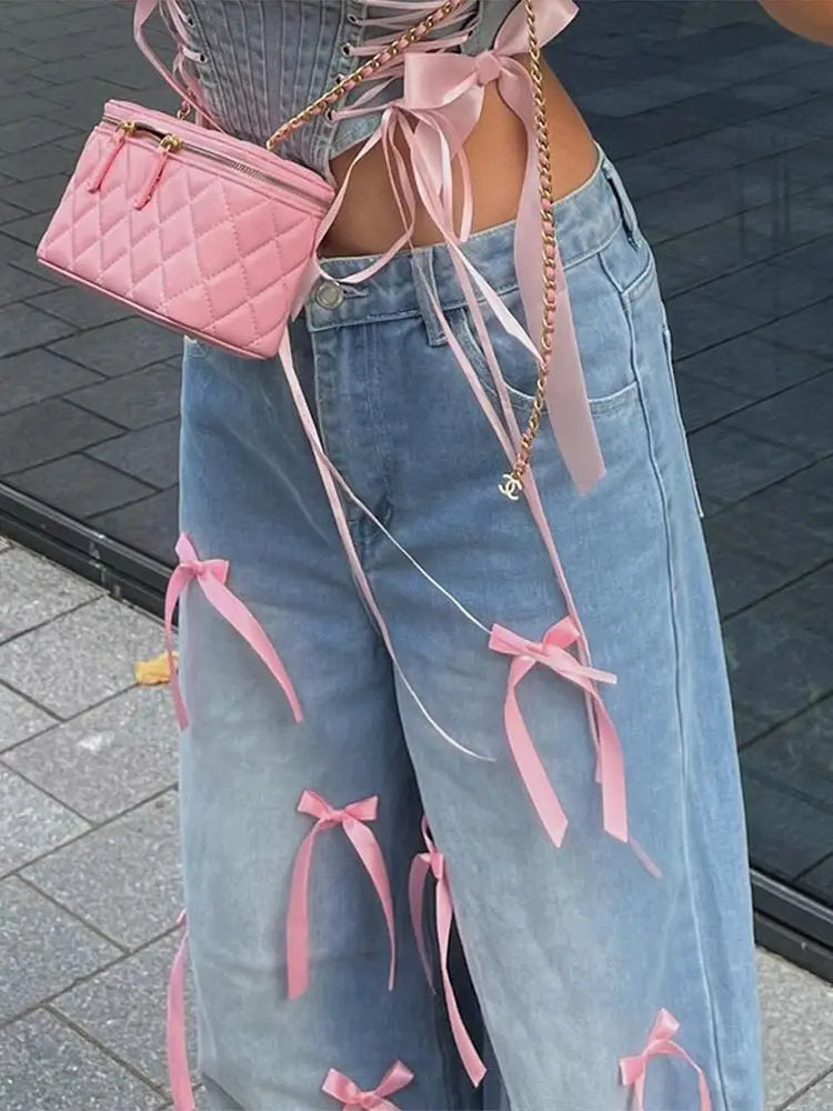High Rise Ribbon Denim Jeans