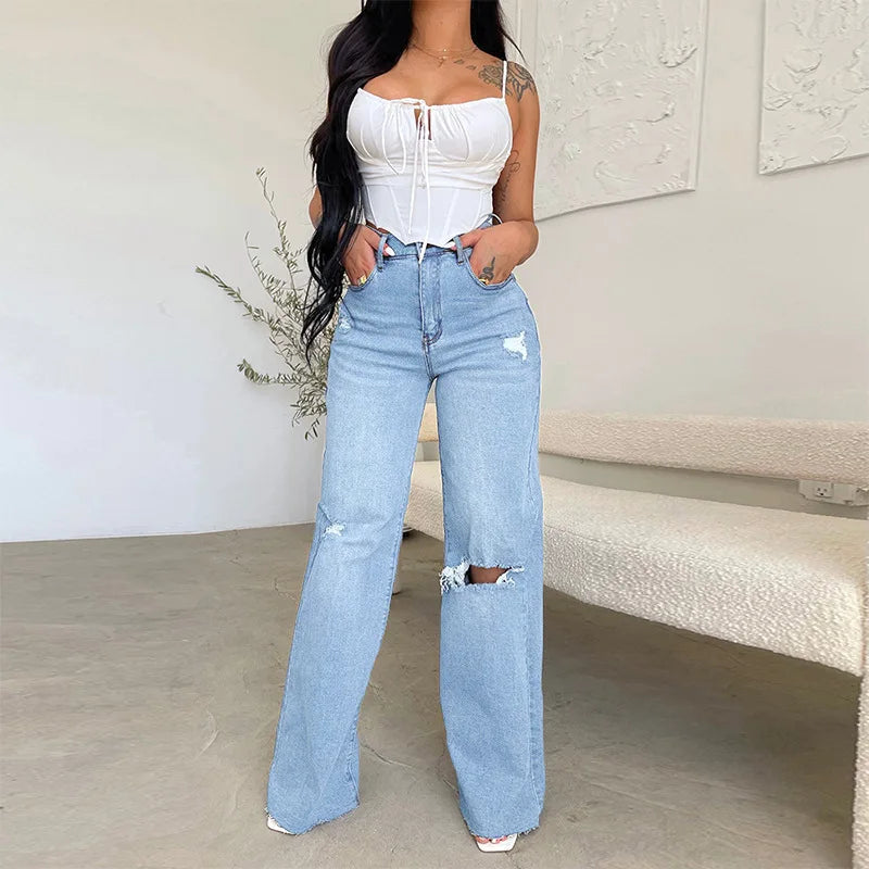 Wide Leg Denim Holes Pocket Jeans