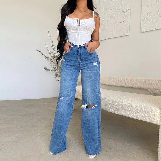 Wide Leg Denim Holes Pocket Jeans