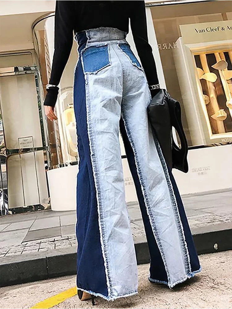 Two-Tone Streetwear Wide Leg Jeans-Vintage Patch Denim