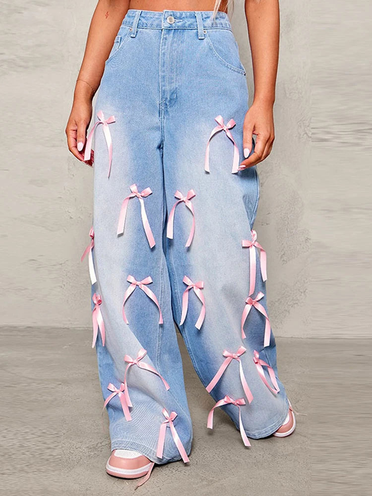 High Rise Ribbon Denim Jeans