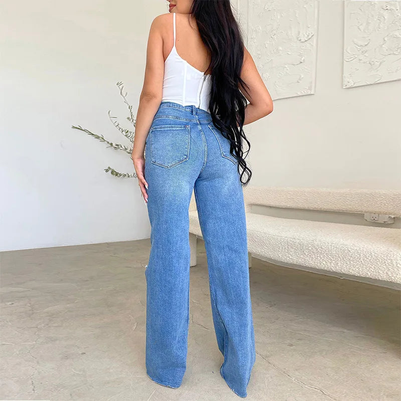 Wide Leg Denim Holes Pocket Jeans