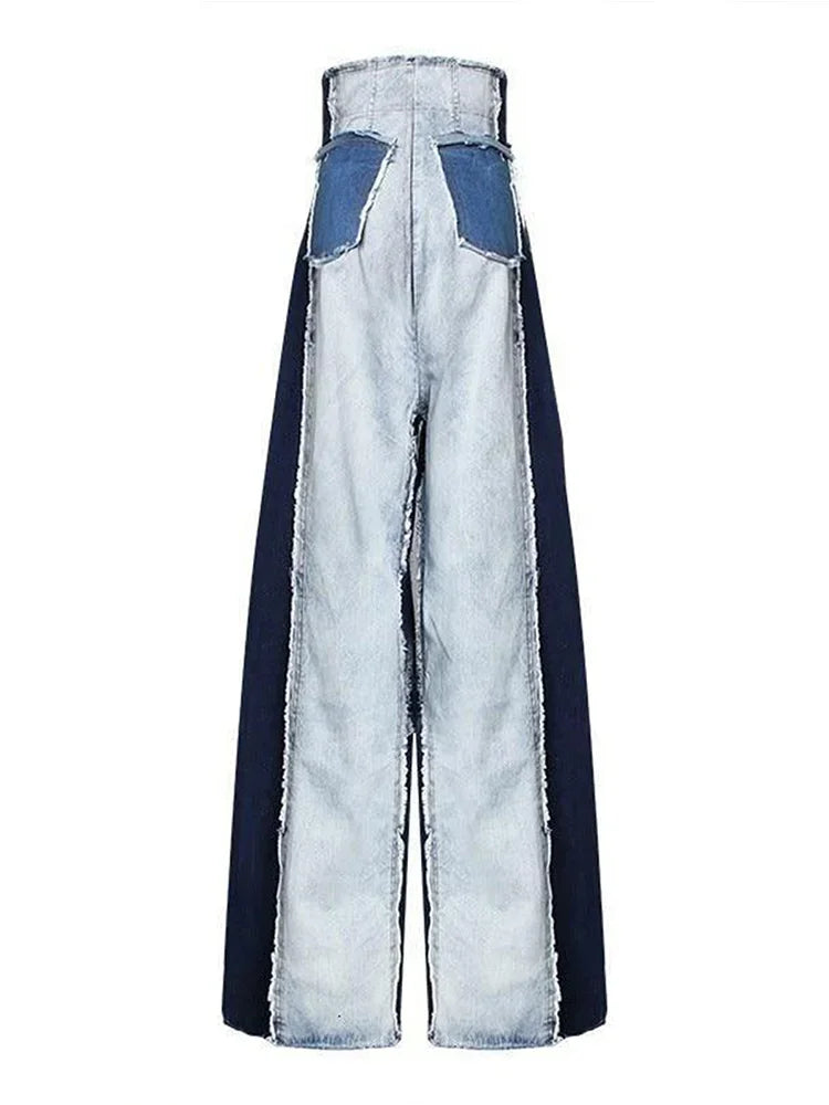 Two-Tone Streetwear Wide Leg Jeans-Vintage Patch Denim