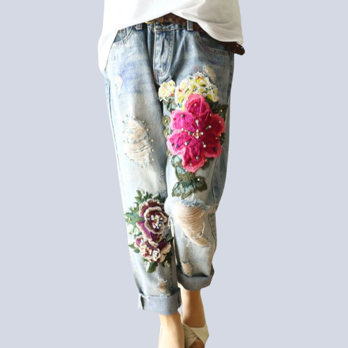 Floral Embroidery Denim Jeans