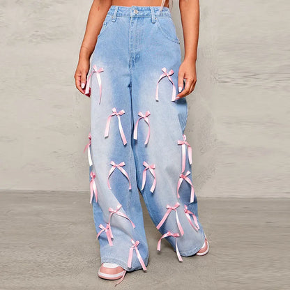 High Rise Ribbon Denim Jeans