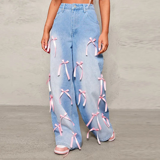 High Rise Ribbon Denim Jeans