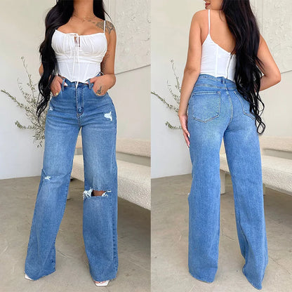 Wide Leg Denim Holes Pocket Jeans