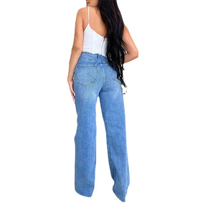Wide Leg Denim Holes Pocket Jeans
