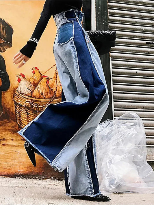 Two-Tone Streetwear Wide Leg Jeans-Vintage Patch Denim