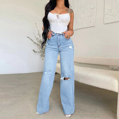 Wide Leg Denim Holes Pocket Jeans