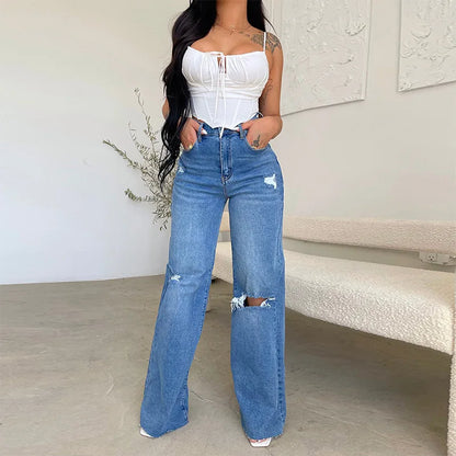 Wide Leg Denim Holes Pocket Jeans