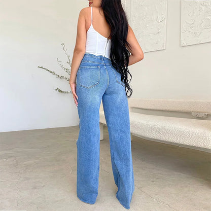 Wide Leg Denim Holes Pocket Jeans
